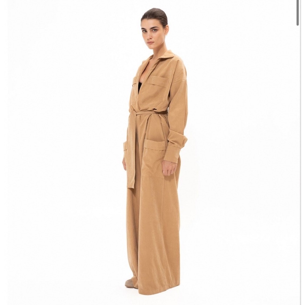 Vassia Kostara Tan Brown Utility Jumpsuit Zip Front Long Sleeve S/M Y2K Safari - Picture 2 of 11